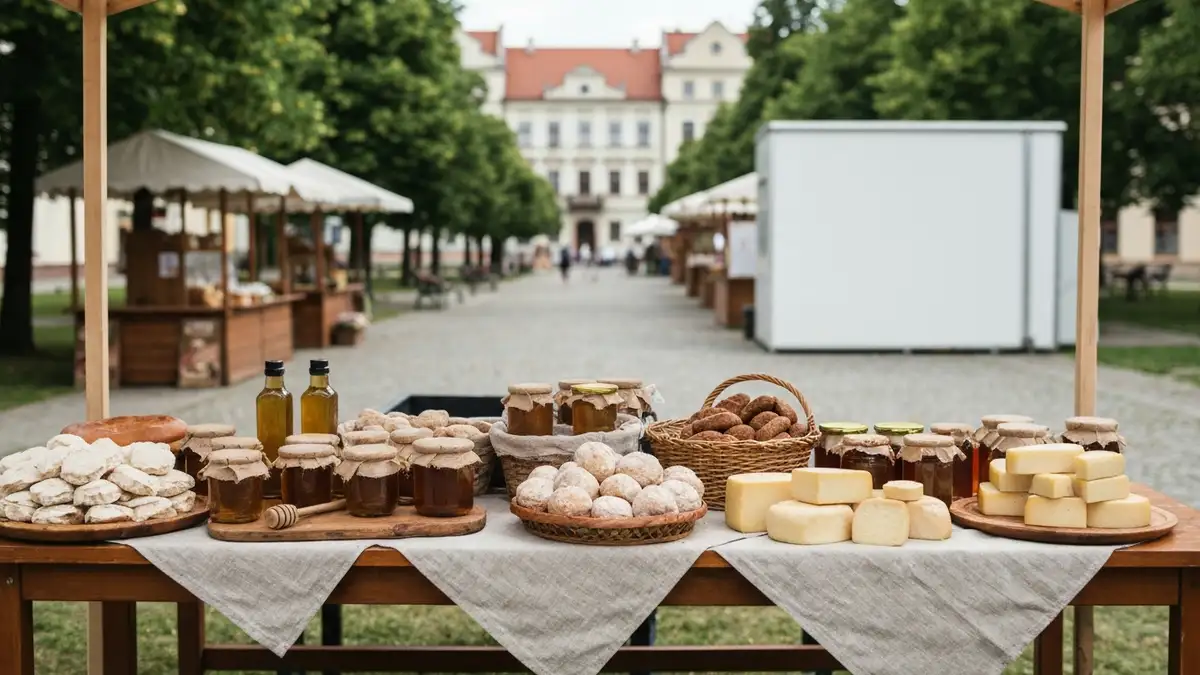 Stoły z podlaskimi potrawami na festiwalu kulinarnym w centrum Białegostoku