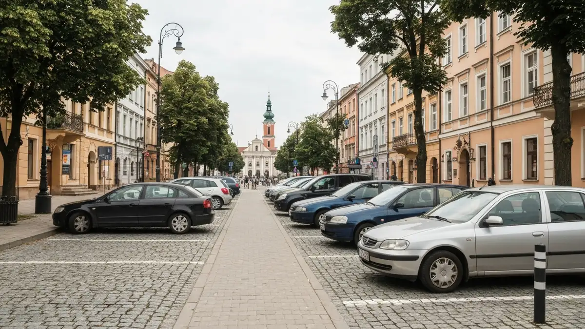 Zaparkowane auta przy ulicy w centrum Białegostoku niedaleko Rynku Kościuszki
