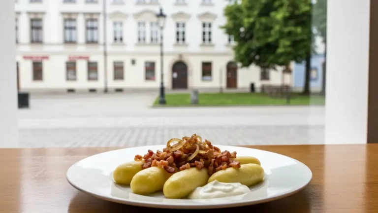 Kartacze z okrasą na stole w białostockim lokalu z rozmytym centrum miasta w tle