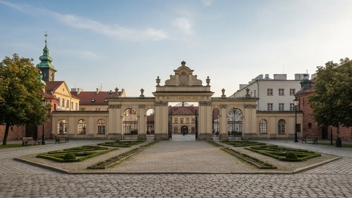 Poranny widok osi Palacu Branickich w Bialymstoku jako poczatek historycznego spaceru