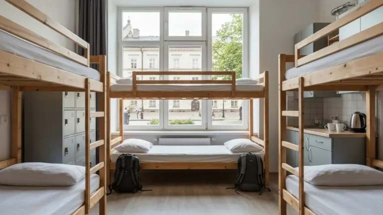 Pokoj hostelowy z lozkami pietrowymi i plecakami w centrum Bialegostoku