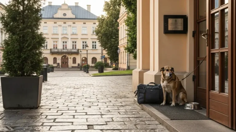 Pies przy wejściu do hotelu w Białymstoku, obok torby podróżnej i miejskiej zieleni