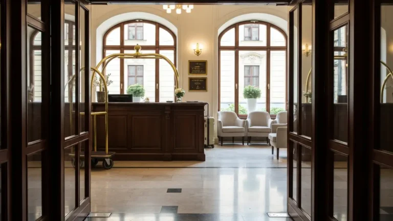 Eleganckie wejście hotelowe w centrum Białegostoku z widokiem na zabytkową architekturę