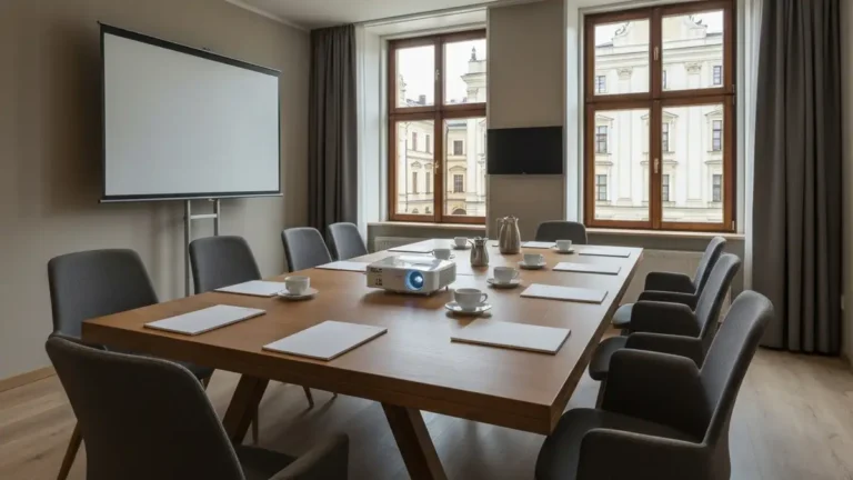 Sala konferencyjna w hotelu biznesowym w Bialymstoku z widokiem na historyczna zabudowe