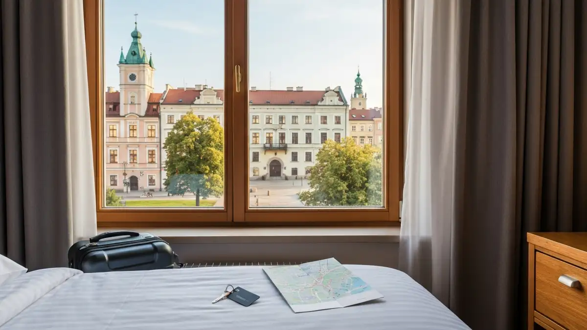 Pokoj hotelowy z widokiem na centrum Bialegostoku i historyczna zabudowe