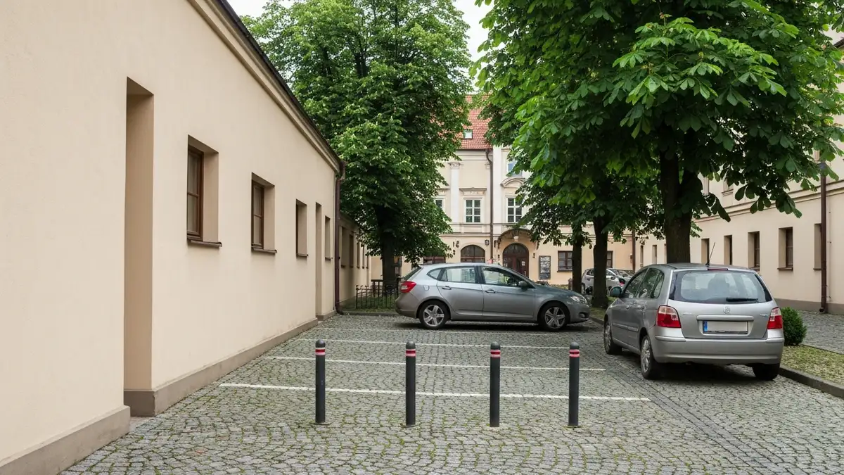 Hotelowy parking w centrum Bialegostoku przy kamienicach i zieleni Plant