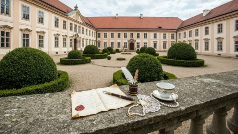 Pałac Branickich w Białymstoku z historycznymi przedmiotami na kamiennej balustradzie