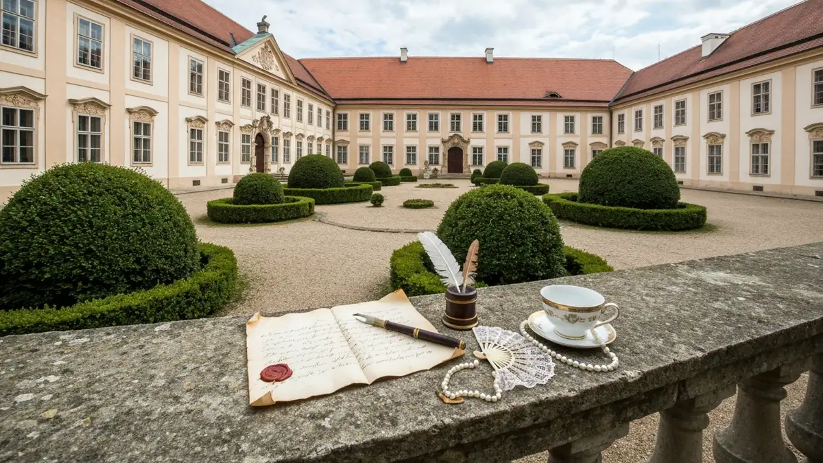 Pałac Branickich w Białymstoku z historycznymi przedmiotami na kamiennej balustradzie