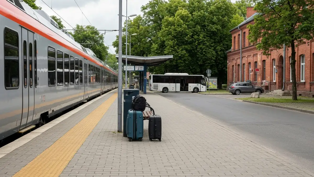 Dworzec w Białymstoku z pociągiem, autobusem i autem w tle - dojazd z Warszawy
