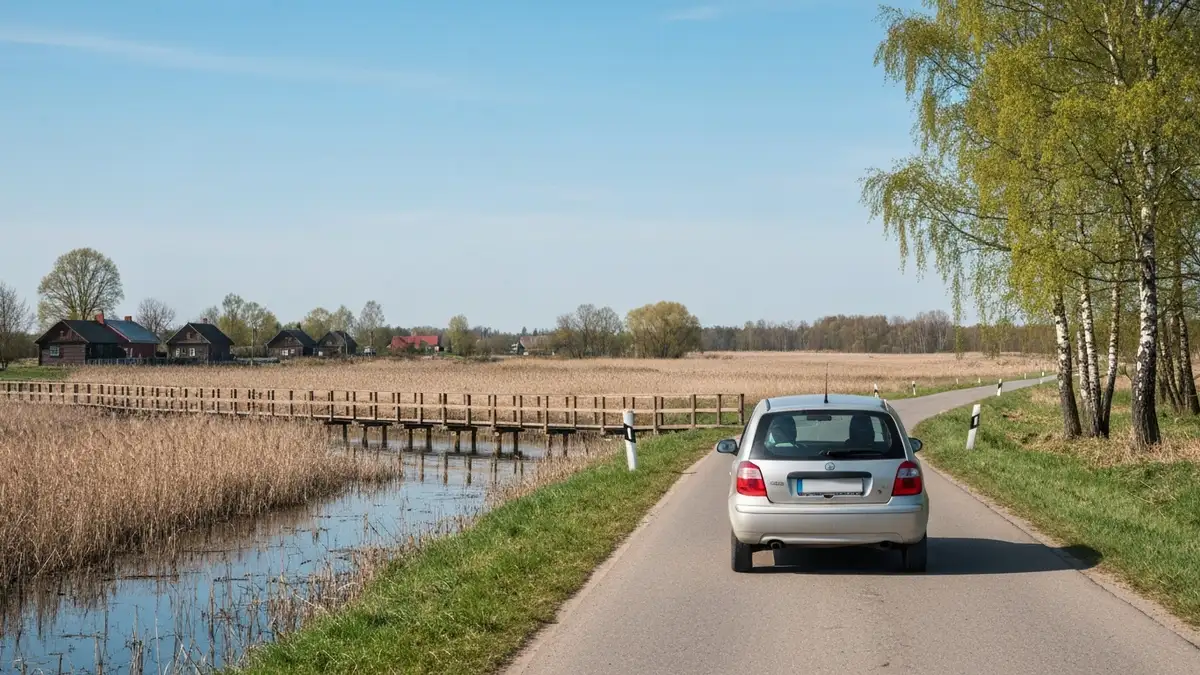 Samochod na podlaskiej drodze w stronę rozlewisk Narwi i drewnianej kladki