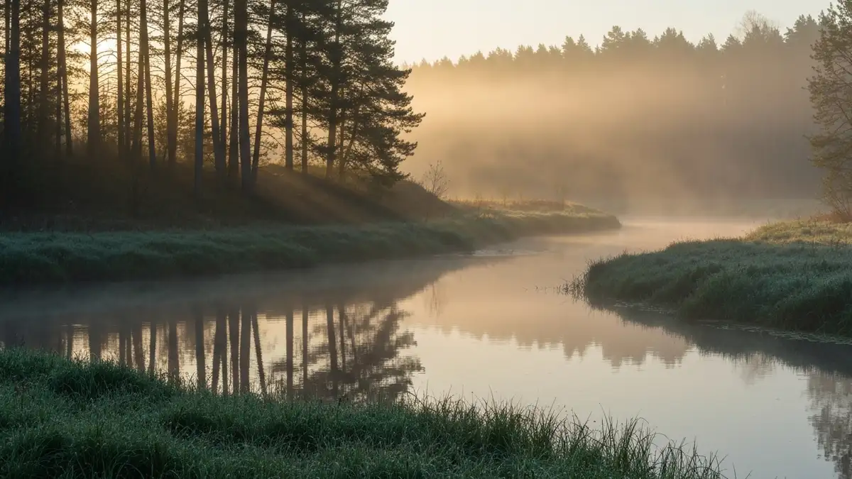 Poranna mgła nad zakrętem Supraślanki przy skraju Puszczy Knyszyńskiej