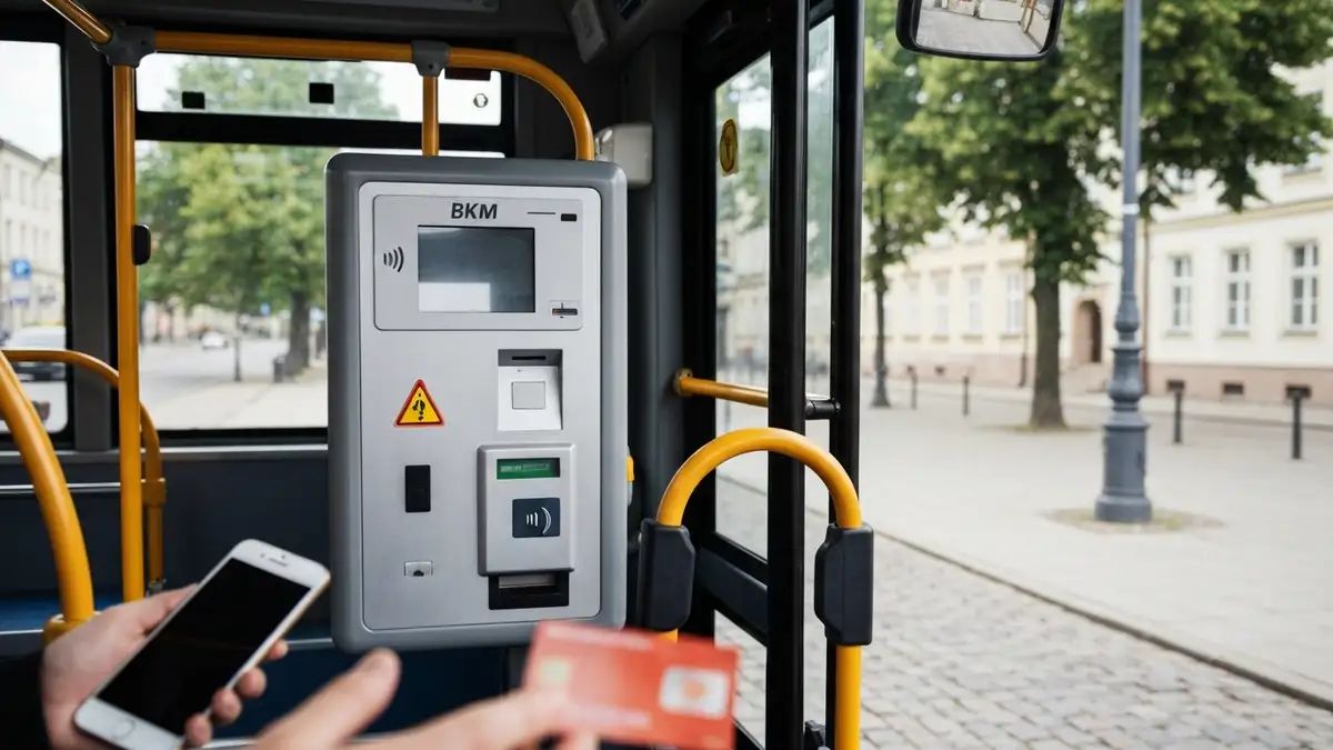 Biletomat i kasownik w autobusie BKM w Bialymstoku przy ulicy w centrum miasta