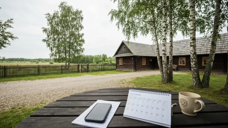 Drewniana agroturystyka na Podlasiu z telefonem i kluczami na stole