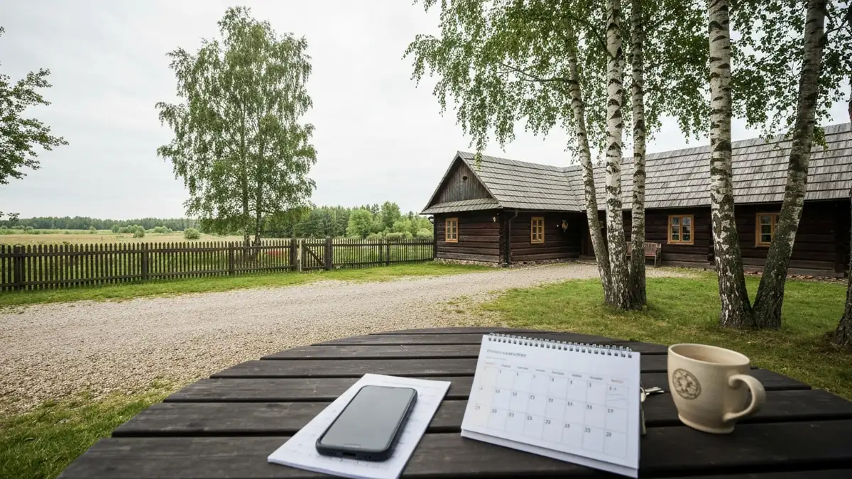 Drewniana agroturystyka na Podlasiu z telefonem i kluczami na stole