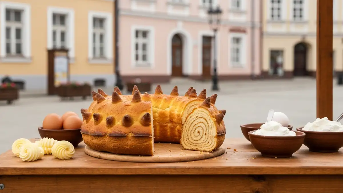 Sekacz podlaski z widocznymi soplami i przekrojem na tle bialostockiego rynku