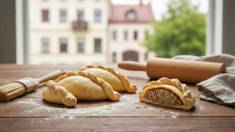 Upieczone kibiny z mięsnym farszem na drewnianym stole w podlaskiej kuchni