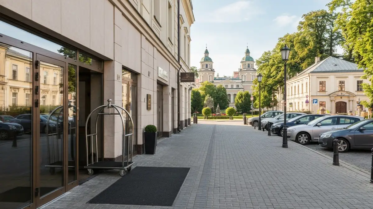 Wejscie do hotelu w centrum Bialegostoku blisko Plant i zabytkowej architektury