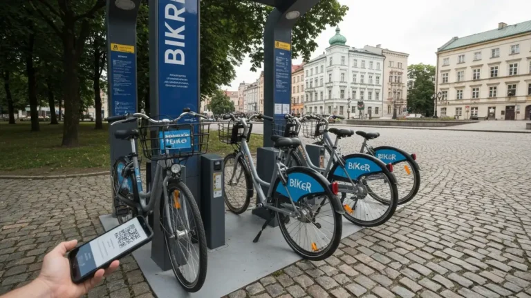 Stacja rowerów miejskich BiKeR w centrum Białegostoku przy zieleni Plant