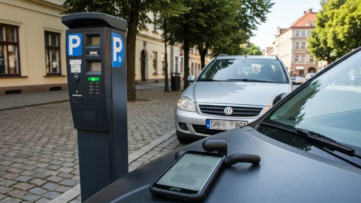 Parkometr i zaparkowany samochod w centrum Bialegostoku przy historycznej zabudowie