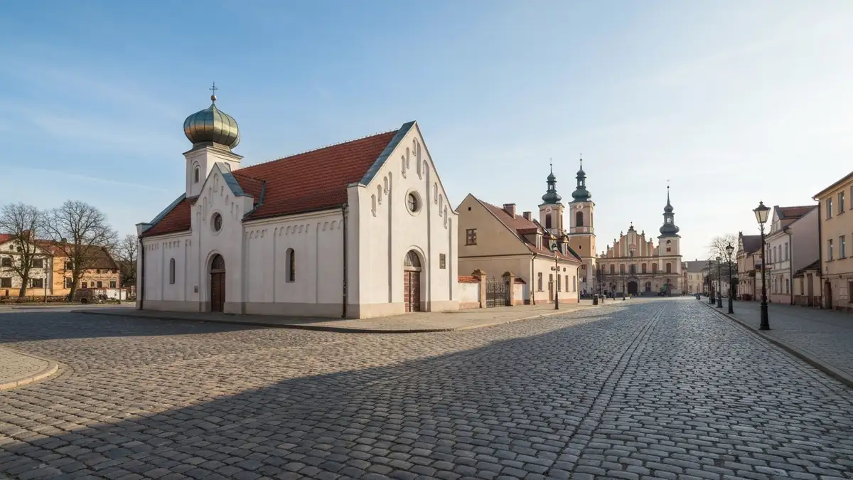 Wielka Synagoga w Tykocinie przy brukowanej ulicy w porannym świetle Podlasia