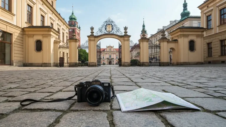 Aparat na bruku przed brama Palacu Branickich podczas fotospaceru po Bialymstoku