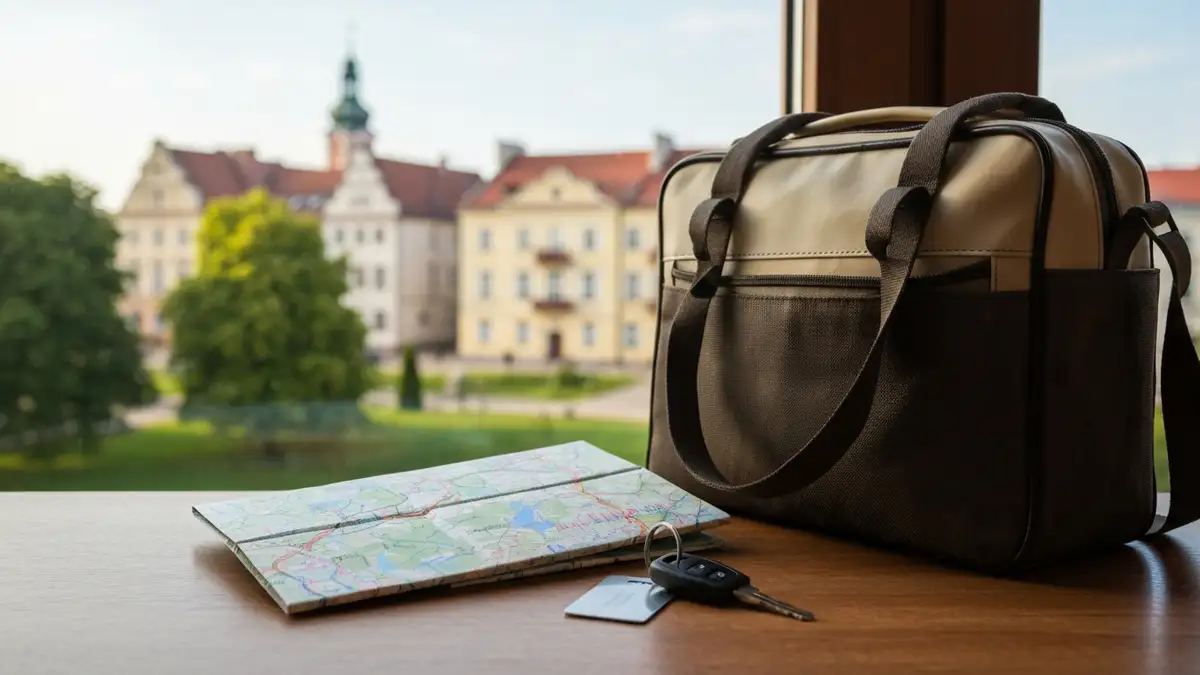 Torba podróżna i mapa w pokoju z widokiem na centrum Białegostoku