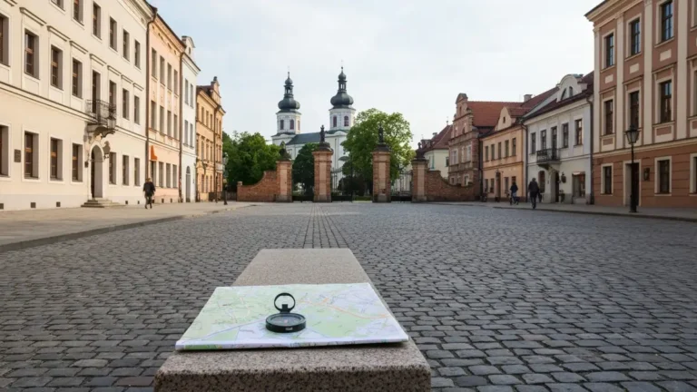 Spacerowa scena w centrum Bialegostoku z mapa, kamienicami i kopulami cerkwi w tle