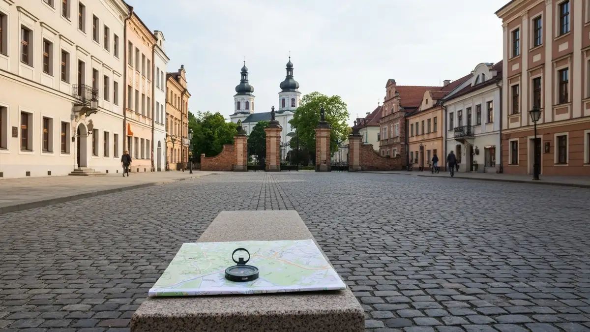 Spacerowa scena w centrum Bialegostoku z mapa, kamienicami i kopulami cerkwi w tle